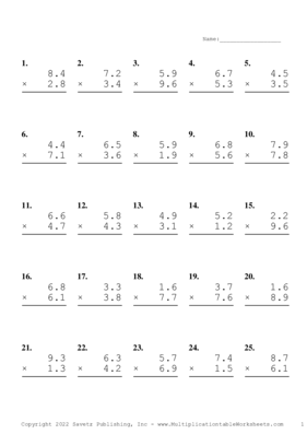 One Decimal Problem Set X Multiplication Worksheet