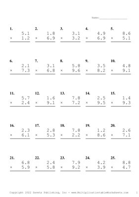 One Decimal Problem Set Y Multiplication Worksheet