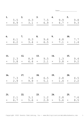 One Decimal Problem Set Z Multiplication Worksheet
