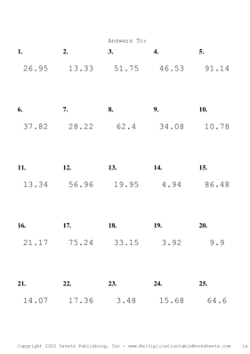 One Decimal Problem Set Z Answers