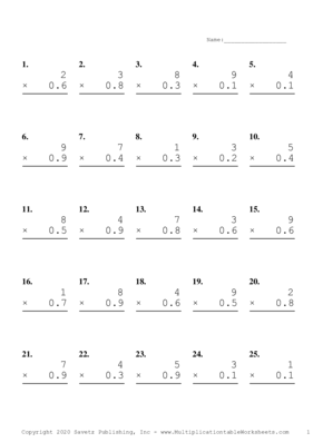 One Digit by One Decimal Problem Set A Multiplication Worksheet