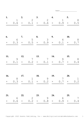One Digit by One Decimal Problem Set F Multiplication Worksheet