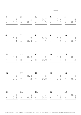 One Digit by One Decimal Problem Set H Multiplication Worksheet