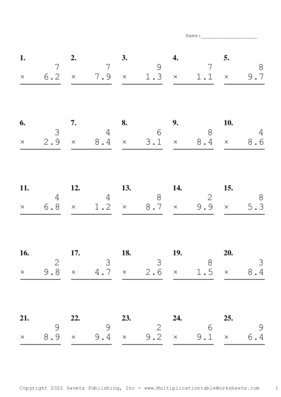 One Digit by One Decimal Problem Set L Multiplication Worksheet