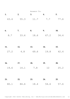 One Digit by One Decimal Problem Set L Answers