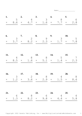 One Digit by One Decimal Problem Set M Multiplication Worksheet
