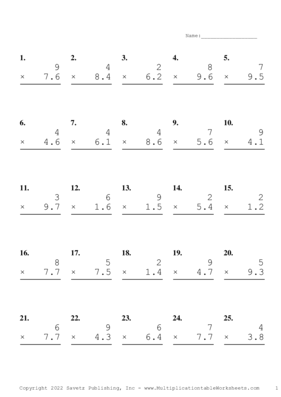 One Digit by One Decimal Problem Set N Multiplication Worksheet