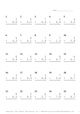 One Digit by One Decimal Problem Set O Multiplication Worksheet