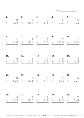 One Digit by One Decimal Problem Set P Multiplication Worksheet