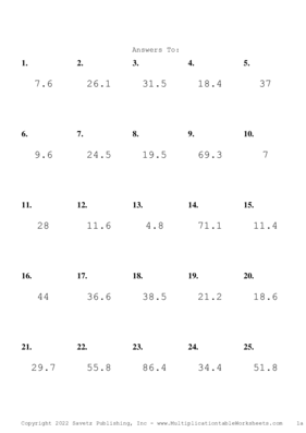 One Digit by One Decimal Problem Set P Answers