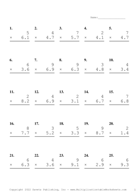 One Digit by One Decimal Problem Set Q Multiplication Worksheet