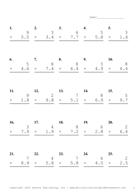 One Digit by One Decimal Problem Set R Multiplication Worksheet