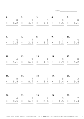 One Digit by One Decimal Problem Set S Multiplication Worksheet