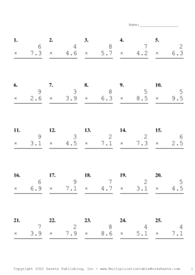 One Digit by One Decimal Problem Set T Multiplication Worksheet