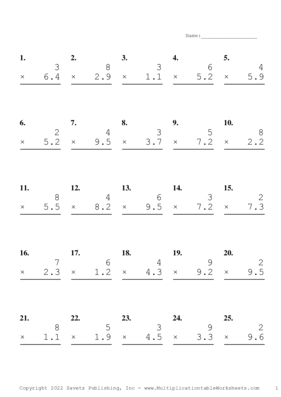 One Digit by One Decimal Problem Set U Multiplication Worksheet