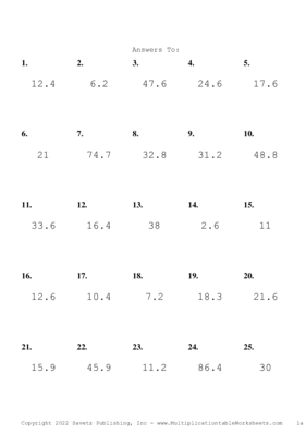 One Digit by One Decimal Problem Set V Answers