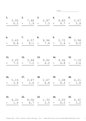 Two Decimal by One Decimal Problem Set A Multiplication Worksheet