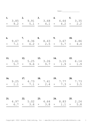 Two Decimal by One Decimal Problem Set AA Multiplication Worksheet