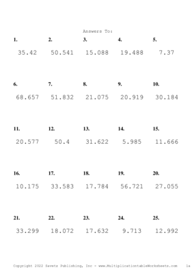 Two Decimal by One Decimal Problem Set AA Answers