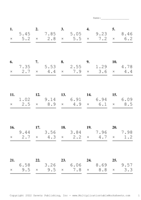 Two Decimal by One Decimal Problem Set AB Multiplication Worksheet