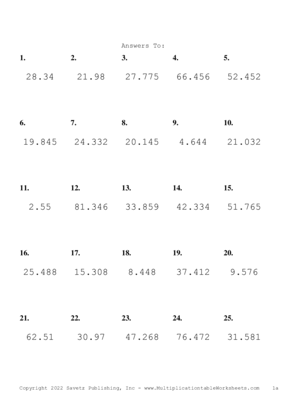 Two Decimal by One Decimal Problem Set AB Answers