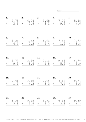 Two Decimal by One Decimal Problem Set AC Multiplication Worksheet