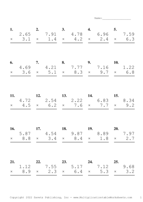 Two Decimal by One Decimal Problem Set AD Multiplication Worksheet