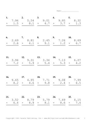 Two Decimal by One Decimal Problem Set AE Multiplication Worksheet