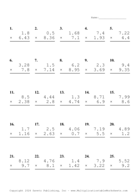 Two Decimal by One Decimal Problem Set AF Multiplication Worksheet
