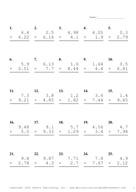 Two Decimal by One Decimal Problem Set AG Multiplication Worksheet