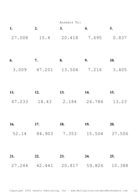 Two Decimal by One Decimal Problem Set AG Answers