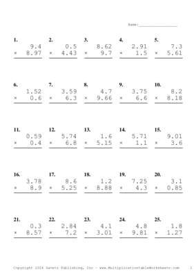 Two Decimal by One Decimal Problem Set AH Multiplication Worksheet