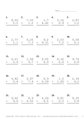 Two Decimal by One Decimal Problem Set AI Multiplication Worksheet