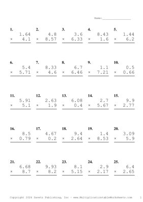 Two Decimal by One Decimal Problem Set AJ Multiplication Worksheet