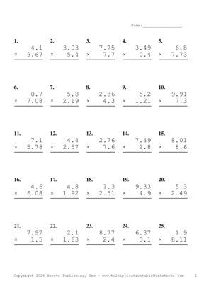 Two Decimal by One Decimal Problem Set AK Multiplication Worksheet