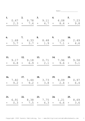 Two Decimal by One Decimal Problem Set B Multiplication Worksheet