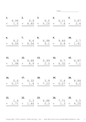 Two Decimal by One Decimal Problem Set BA Multiplication Worksheet