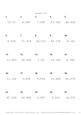 Two Decimal by One Decimal Problem Set BB Answers