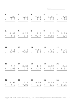 Two Decimal by One Decimal Problem Set BC Multiplication Worksheet
