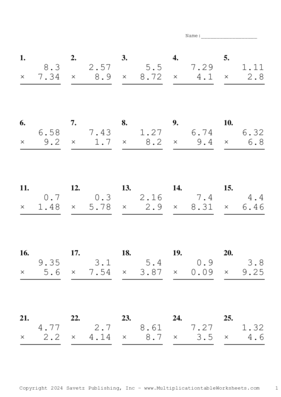 Two Decimal by One Decimal Problem Set BE Multiplication Worksheet