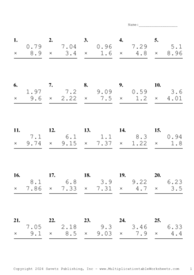 Two Decimal by One Decimal Problem Set BF Multiplication Worksheet