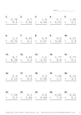 Two Decimal by One Decimal Problem Set BJ Multiplication Worksheet