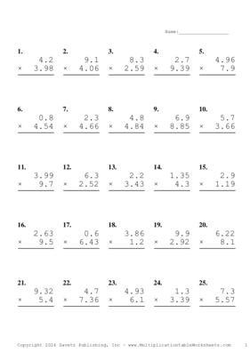 Two Decimal by One Decimal Problem Set BN Multiplication Worksheet