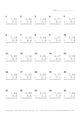 Two Decimal by One Decimal Problem Set D Multiplication Worksheet