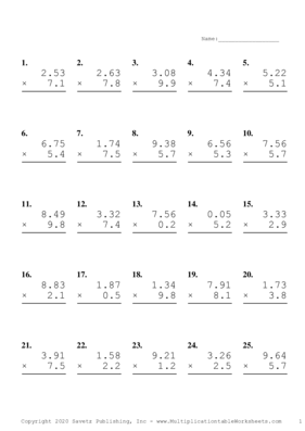 Two Decimal by One Decimal Problem Set E Multiplication Worksheet