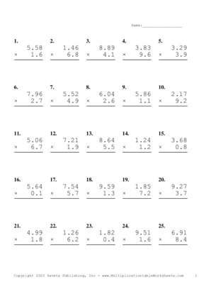 Two Decimal by One Decimal Problem Set F Multiplication Worksheet