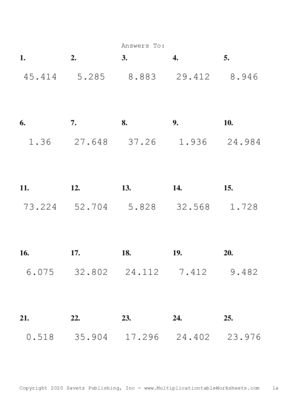 Two Decimal by One Decimal Problem Set G Answers