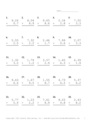 Two Decimal by One Decimal Problem Set H Multiplication Worksheet