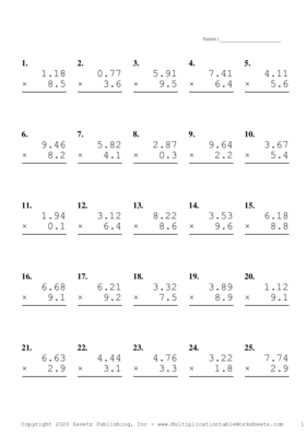 Two Decimal by One Decimal Problem Set I Multiplication Worksheet