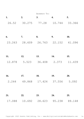 Two Decimal by One Decimal Problem Set J Answers